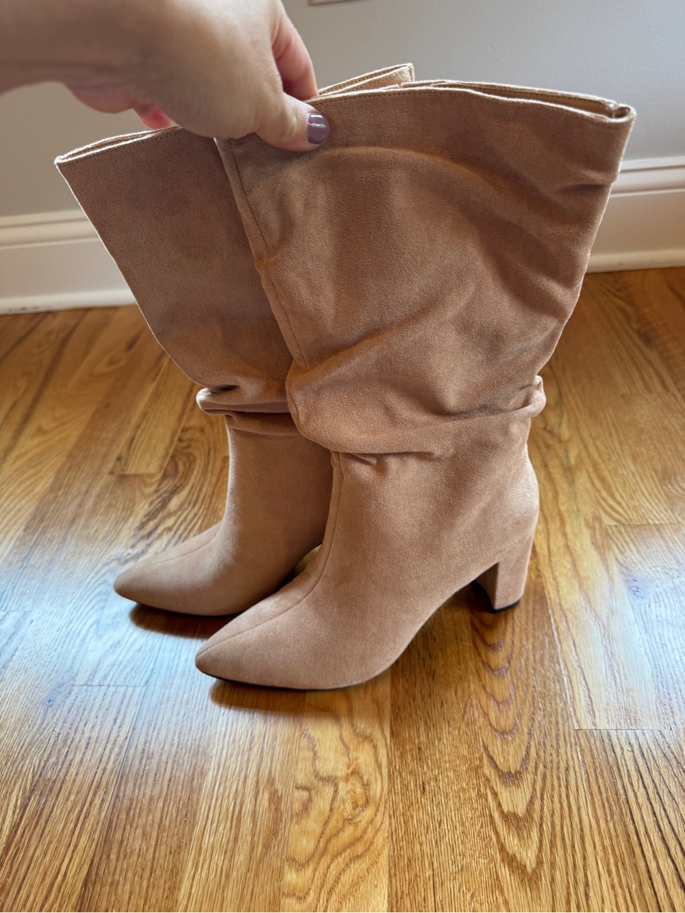 Suede Slouch Knee-High Boots in Tan